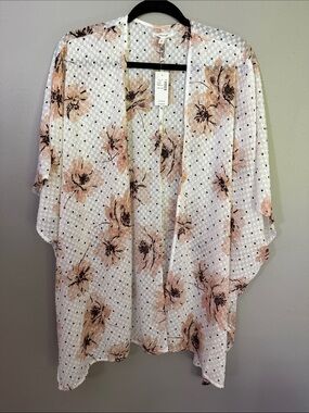 Maurices White Open-Front Kimono with Blush Floral Print